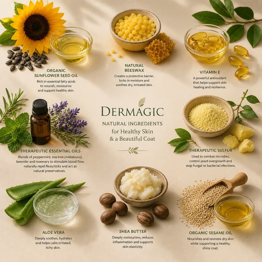 Dermagic natural ingredient overview — aloe vera, shea butter, sunflower oil, sesame oil, beeswax, therapeutic sulfur, vitamin E and essential oils