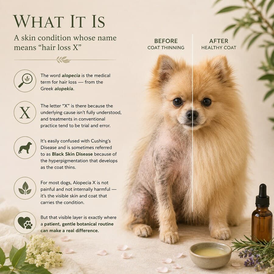 Before-and-after composite of a Pomeranian showing a thinning coat on one side and a healthy full coat on the other