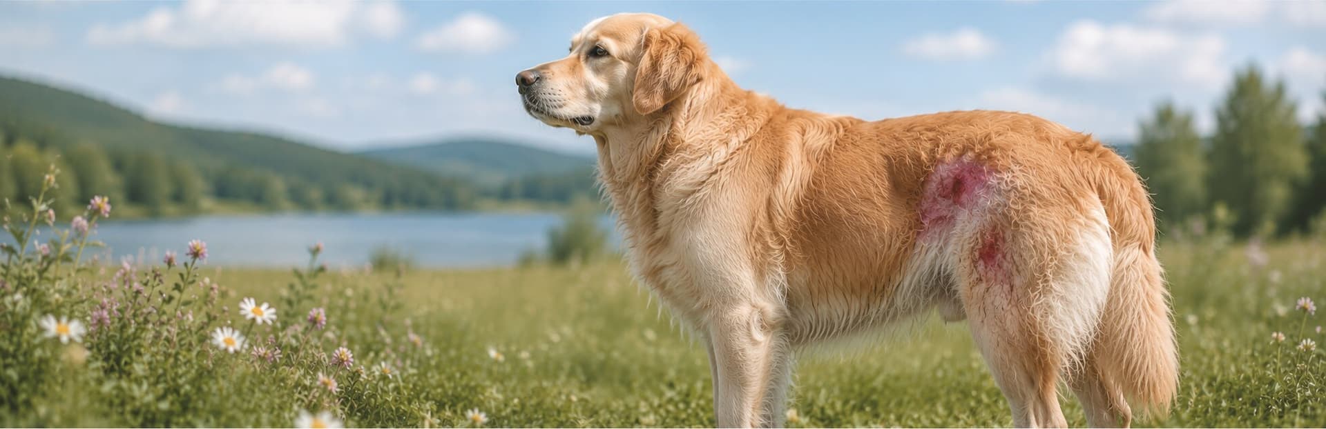 Un golden retriever debout dans une prairie de fleurs sauvages, avec un point chaud rouge et enflammé visible sur la croupe, lac et collines en arrière-plan