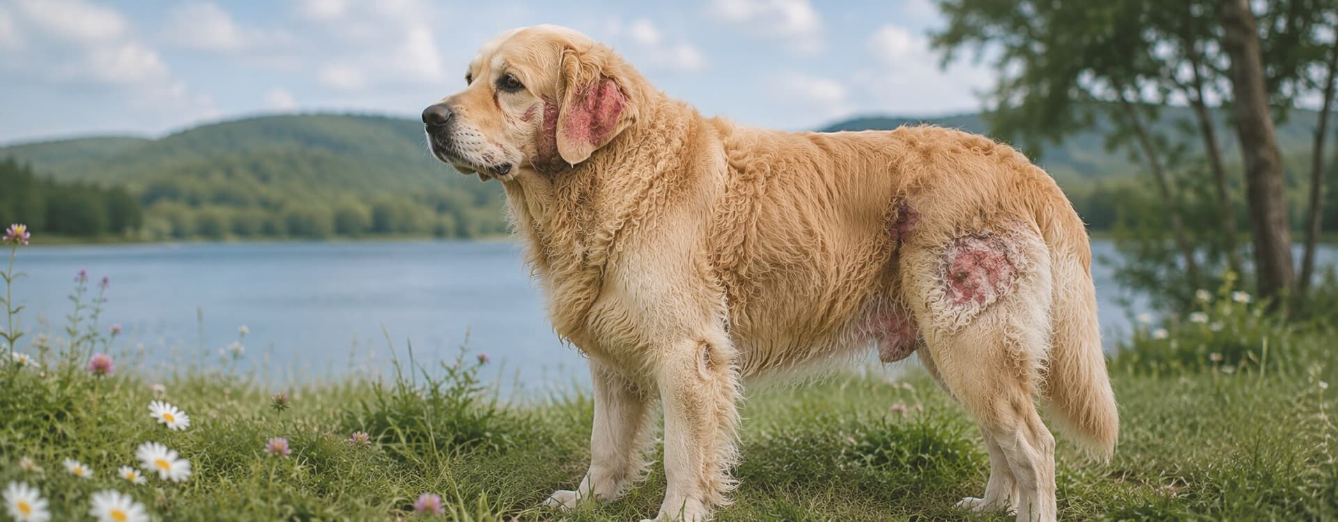 A golden retriever standing by a lake with visible red inflamed patches on the ear and hindquarters — classic yeast overgrowth sites