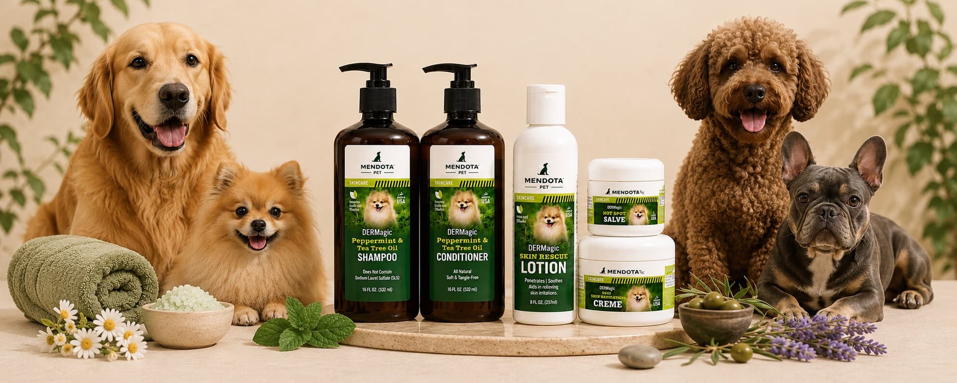 The four-step DERMagic system — cleanse, condition, treat and restore — with the Peppermint & Tea Tree Oil Shampoo, Conditioner, Skin Rescue Lotion, Hot Spot Salve and Cell Restoration Creme