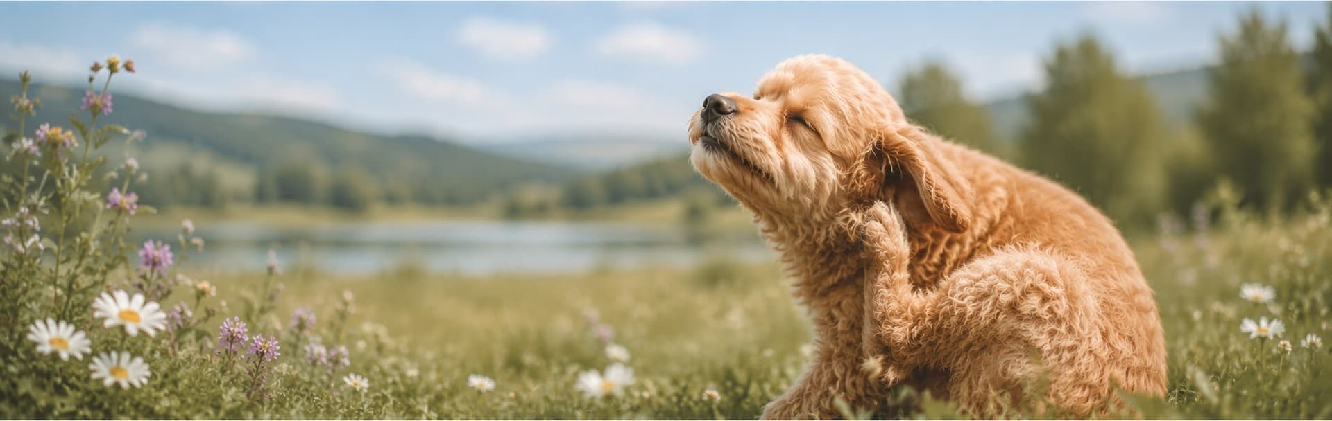 Ein goldfarbener Hund sitzt auf einer Wildblumenwiese und kratzt sich mit einer Hinterpfote am Hals, im Hintergrund See und Hügel