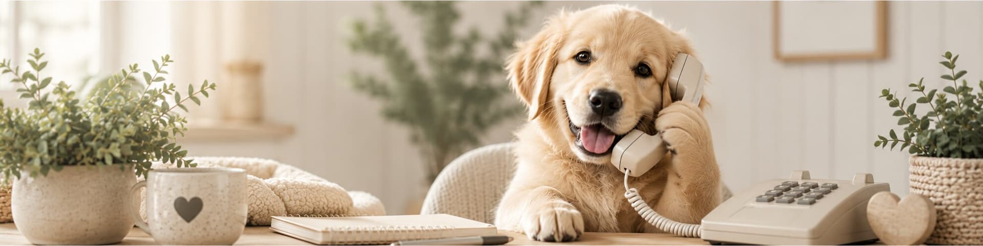 A golden retriever puppy sitting at a desk with a paw resting on the receiver of a cream telephone, notebook and houseplants alongside