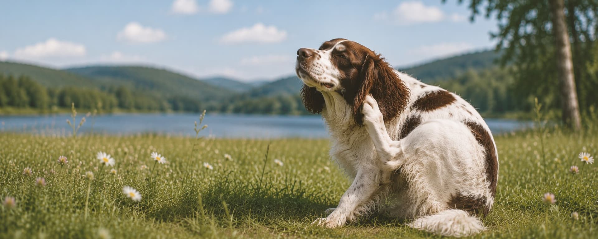 Ein braun-weißer Spaniel sitzt auf einer Wiese und kratzt sich mit einer Hinterpfote am Ohr, dahinter See und Hügel