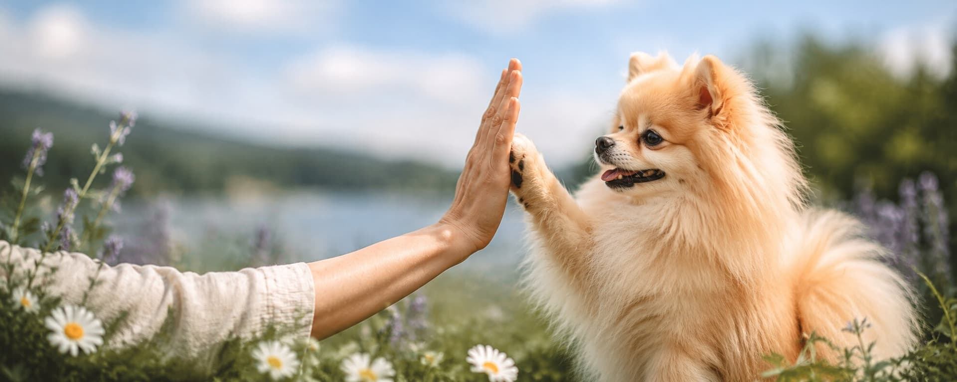 Ein Pomeranian legt seine Pfote in einer High-Five-Geste an eine menschliche Hand, im Hintergrund Wildblumen und ein See