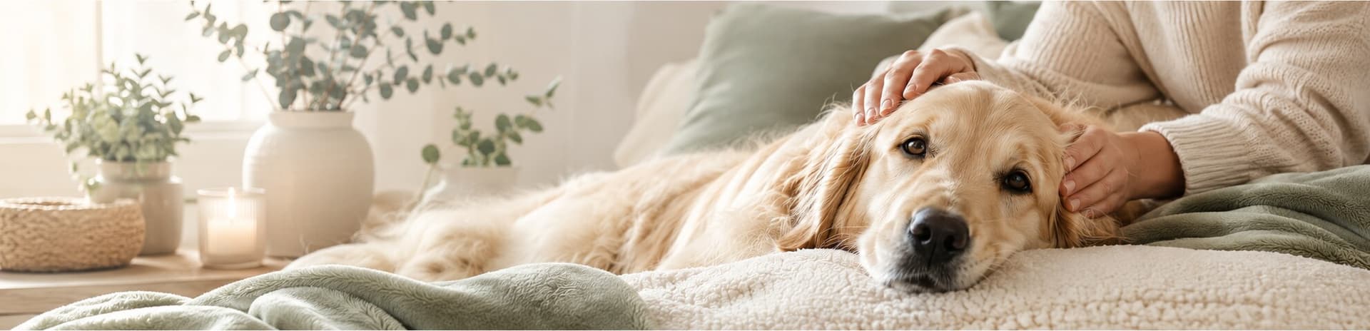 Ein Golden Retriever ruht auf einem weichen Bett, während sein Besitzer ihm den Kopf streichelt — eine ruhige häusliche Szene