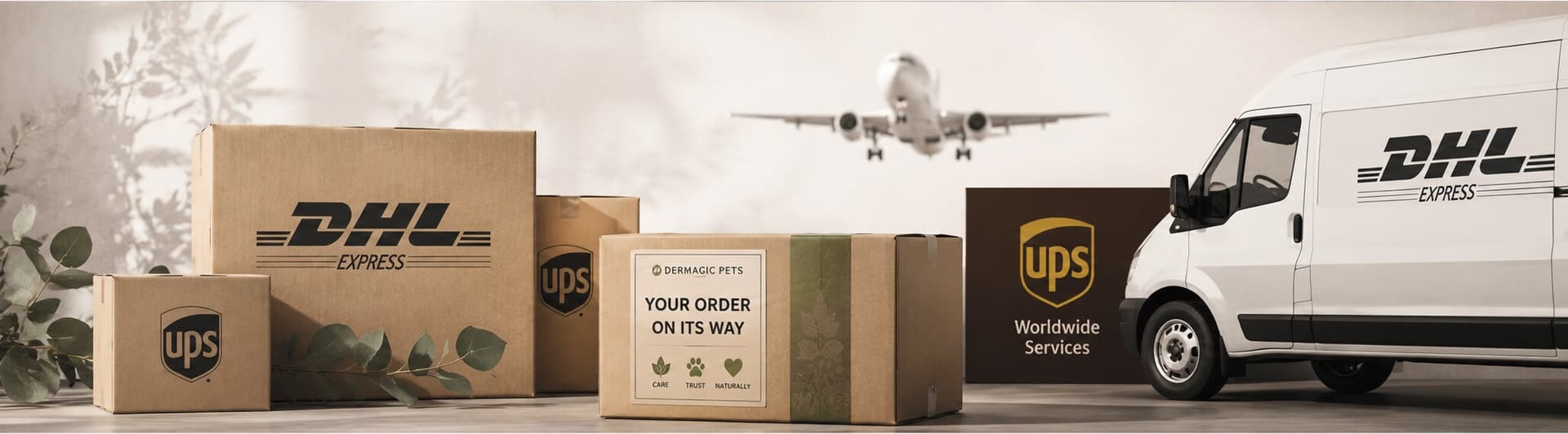 Gestapelte Dermagic-Pets-Bestellkartons mit DHL-Express- und UPS-Worldwide-Services-Verpackungen, im Hintergrund Kurierwagen und Frachtflugzeug