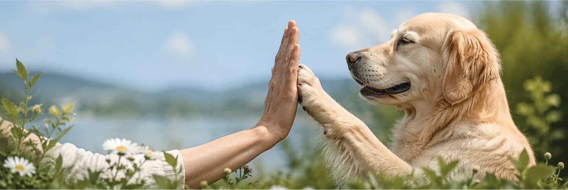 Ein Golden Retriever drückt seine Pfote in einer High-Five-Geste gegen eine menschliche Hand, im Hintergrund Wildblumen und ein See — Vertrauen zwischen Hund und Besitzer ohne Medikamente