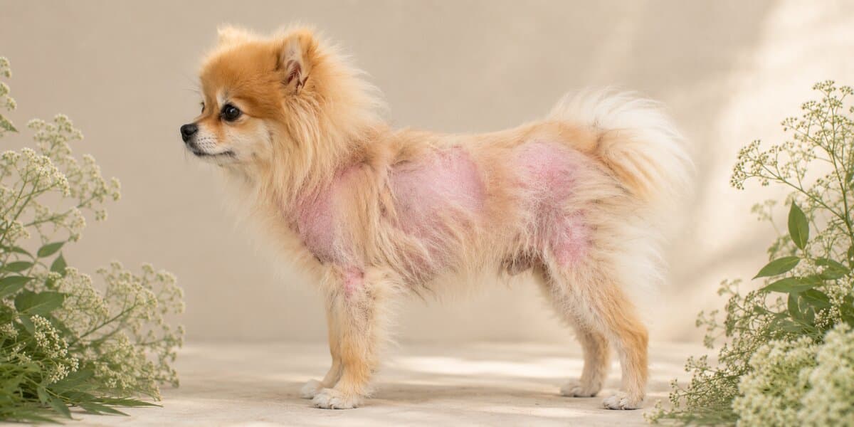 Pomeranian mit sichtbar gelichtetem Fell und rosafarbener Haut — Alopezie X