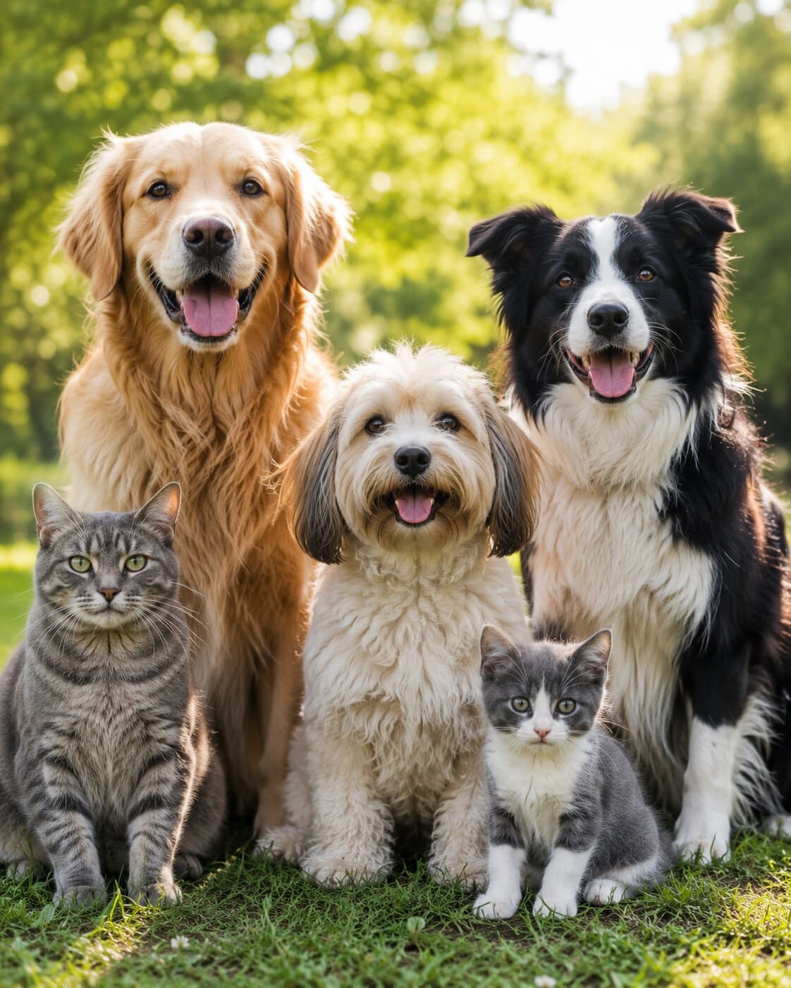 Gesunde Hunde und Katzen zusammen im Freien — natürliche Hautpflege für Haustiere