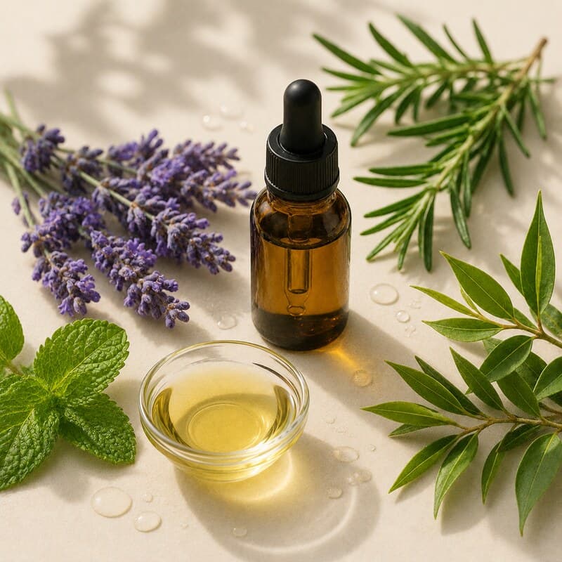 Bernsteinfarbene Tropfflasche mit ätherischem Öl, daneben Lavendel, Minze, Teebaum und Rosmarin
