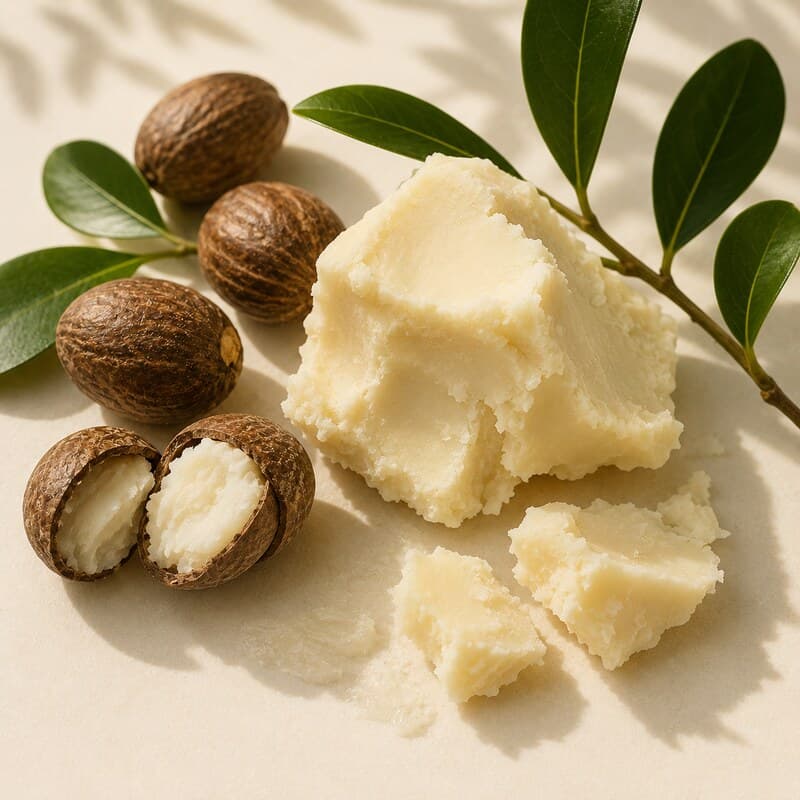 Rohe Sheabutter mit unraffinierten Sheanüssen und grünen Blättern