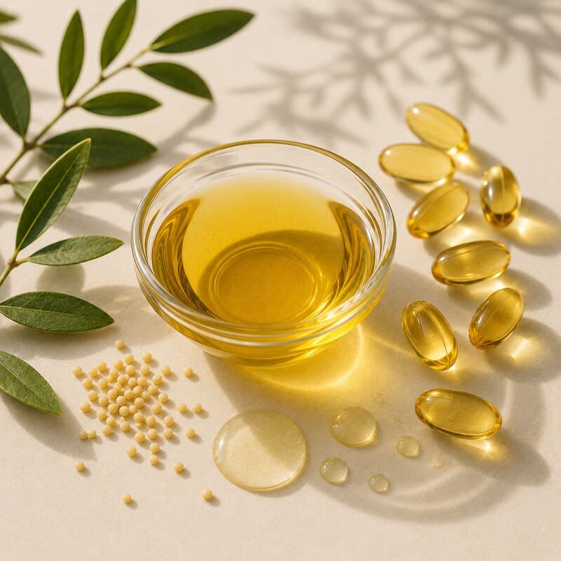 Vitamin-E-Öl in einer Glasschale neben bernsteinfarbenen Softgel-Kapseln und grünen Blättern