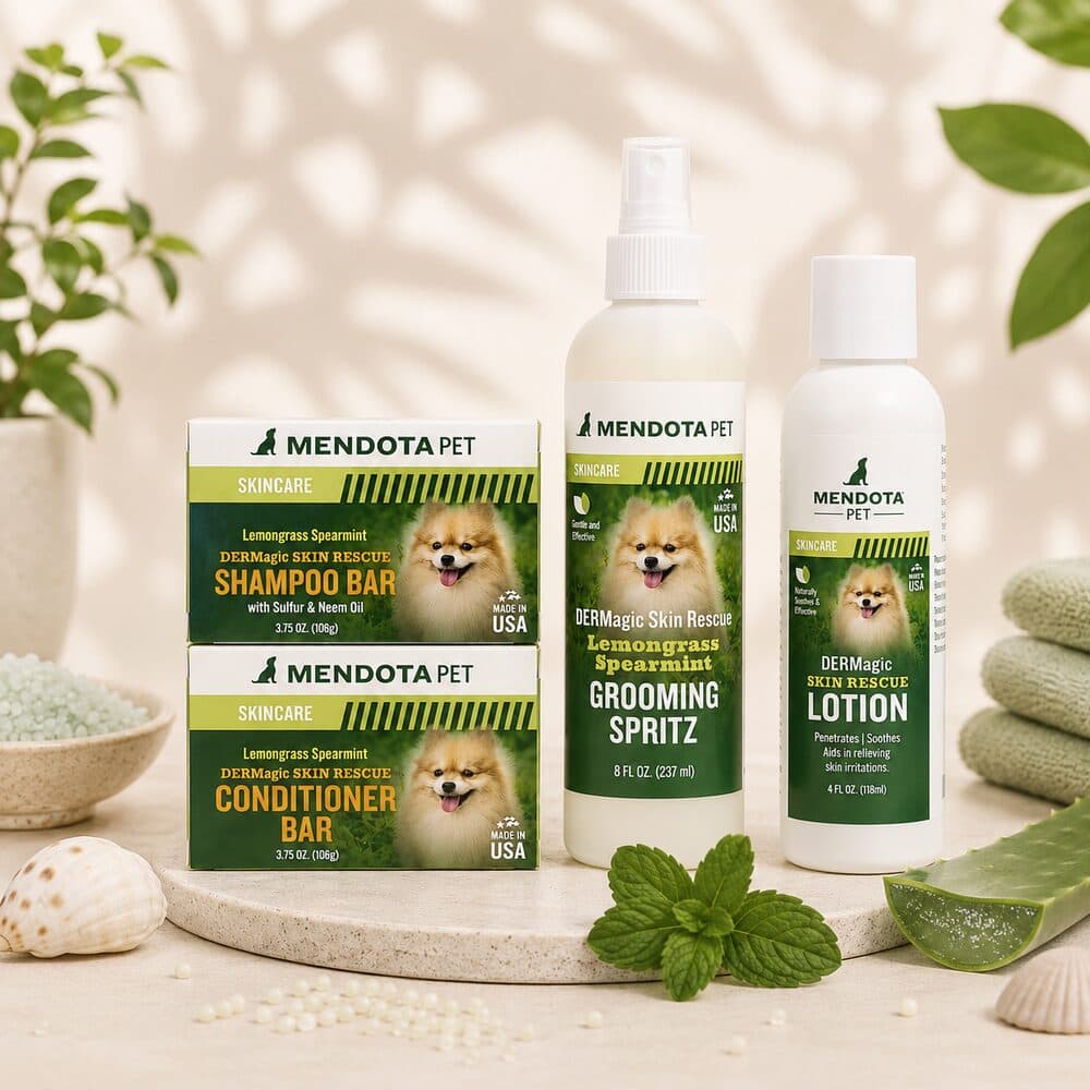 DERMagic Skin Rescue range — shampoo bar, conditioner bar, grooming spritz and lotion
